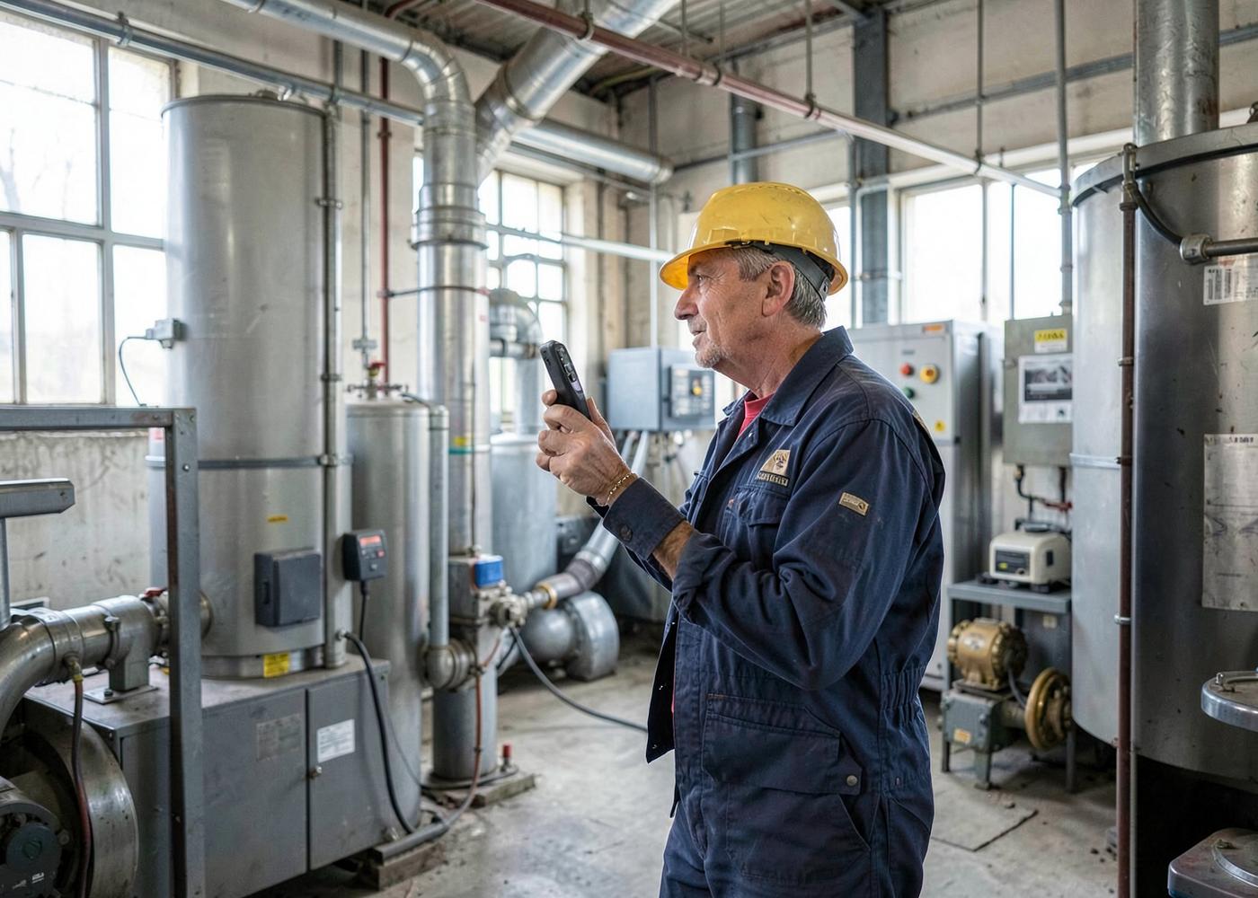 Field service technician recording equipment on site with a smartphone